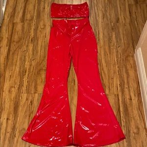 Red vinyl bandeau and high waisted flare pants
